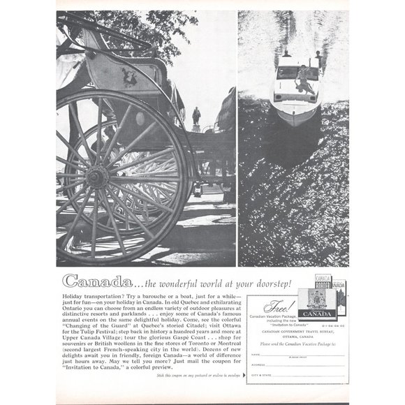 1961 Canada Vacation Package Vintage Print Ad Great Lakes Speedboat Carriage Art - Picture 1 of 1